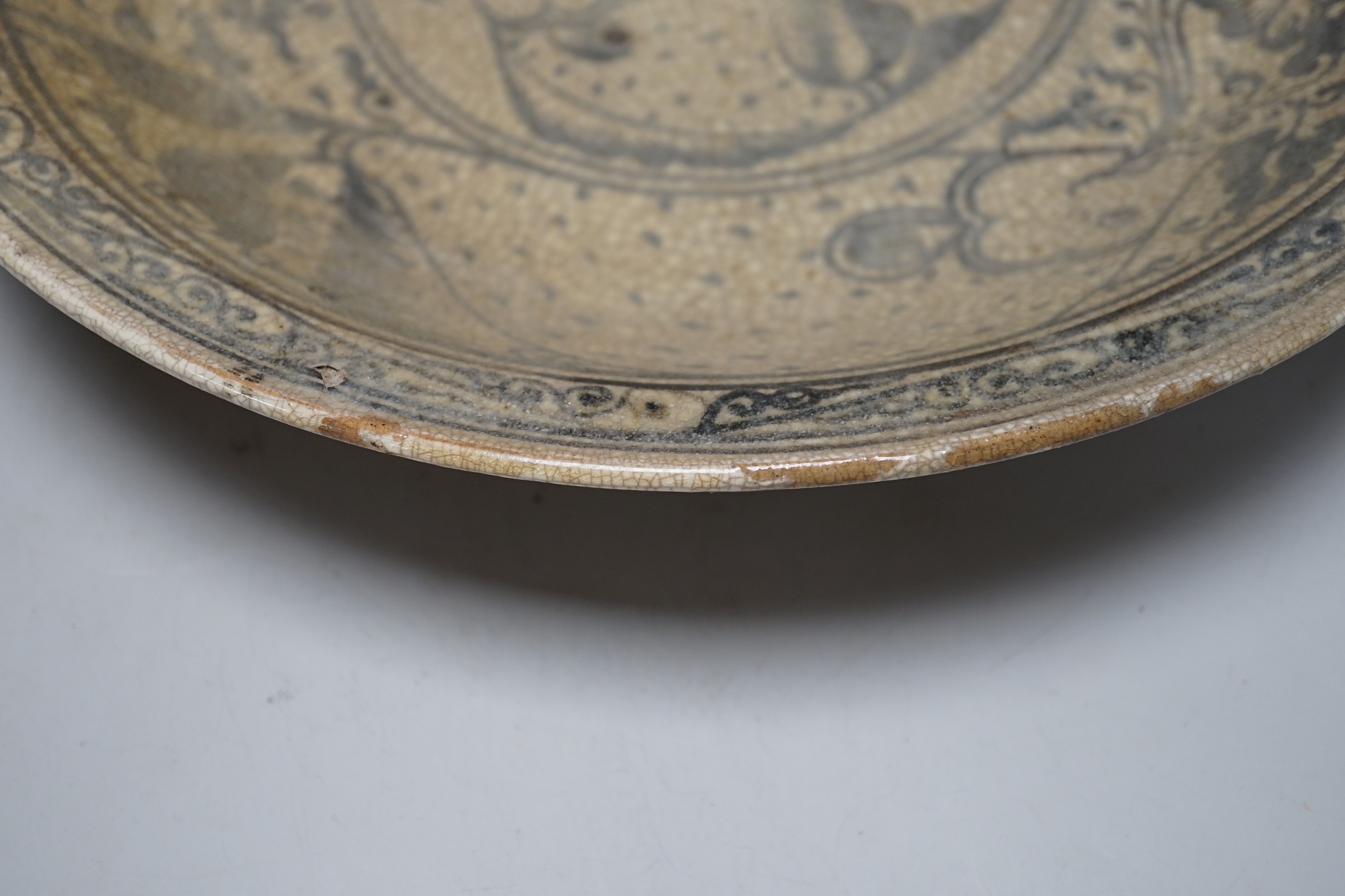 A Sukhothai underglaze blue fish dish, 36cm in diameter